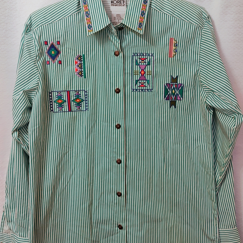 Koret Women's Green Striped Button Down Shirt with Embroidery
